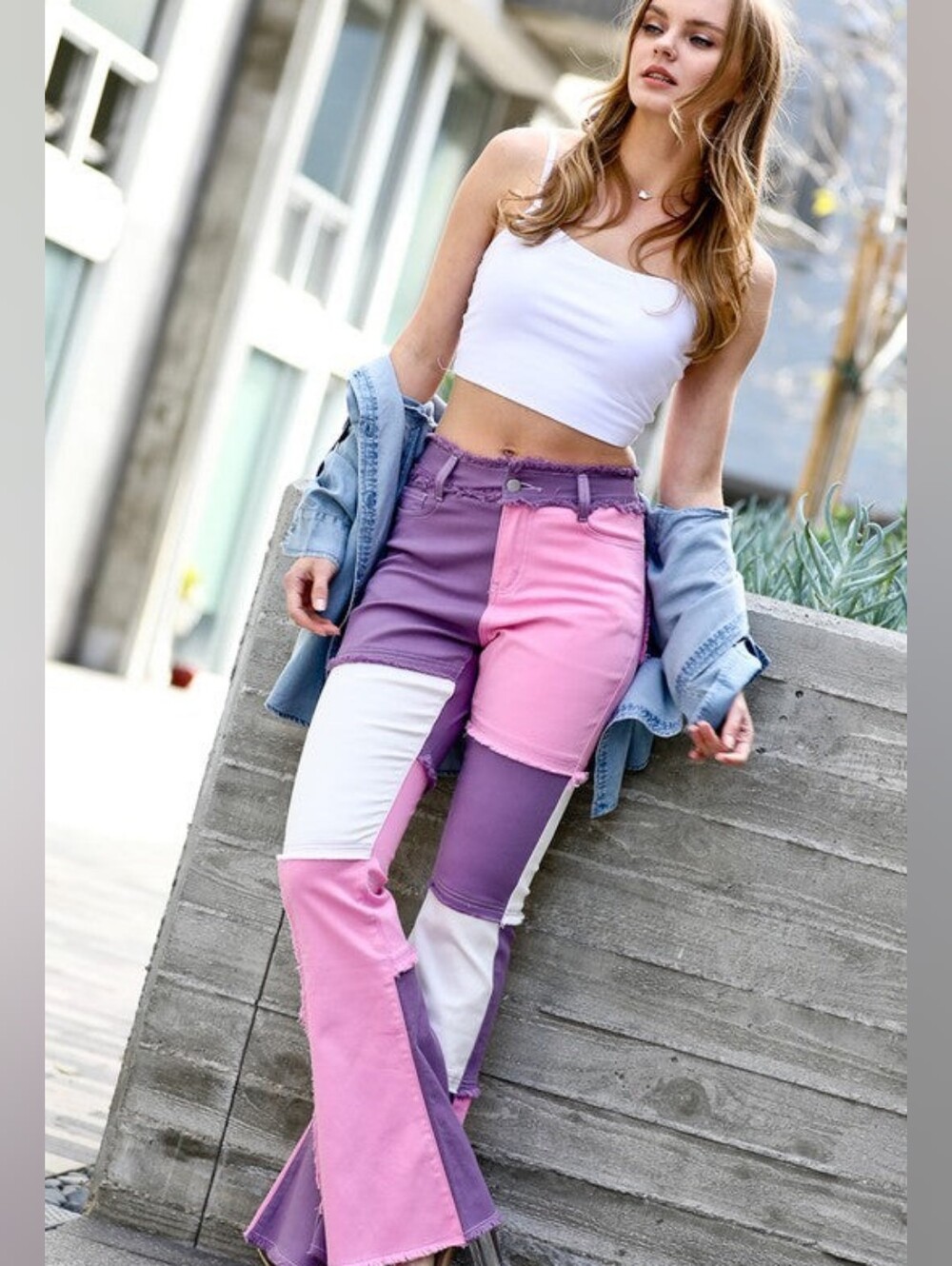 Mazik Colorblock Patchwork Flared Jeans Pink/Purple/White. Size M